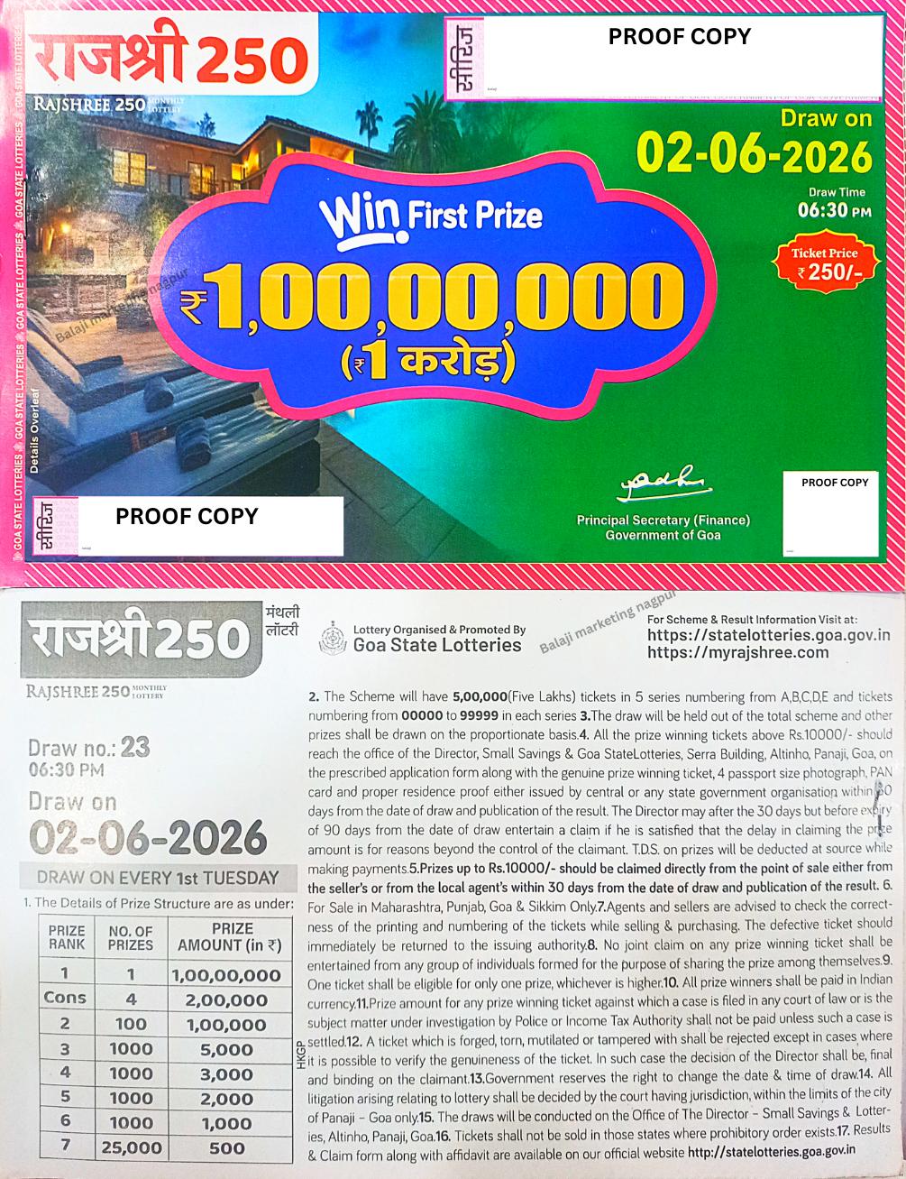 Goa State Rajshree 250 Monthly Lottery Draw 06:30pm 07 July 2026 (Single)